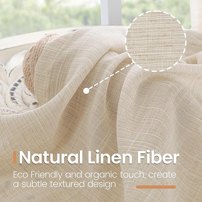 BGment Natural Linen Curtains 63 Inches Long for Bedroom Windows, Sheer Drapes Lightweight Rustic Country Textured for Farmhouse Living Room Decor Rod Pocket, 2 Panels Set, Each 42 Inch Wide