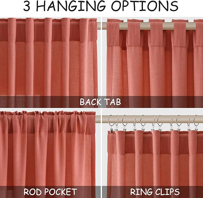 Coral Linen Curtains 84 Inch Length 2 Panels Set Back Tab Rod Pocket Light Filtering Semi Sheer Curtain Textured Neutral Farmhouse Decor Curtains for Bedroom Living Room 52x84