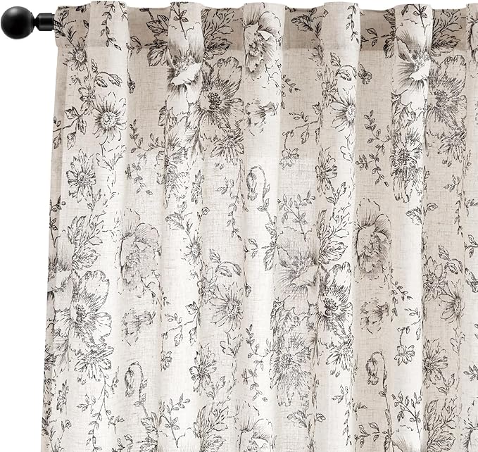 jinchan Linen Blend Curtain Floral Curtains for Living Room 45 Inch Length Black Printed Curtain Rod Pocket Back Tab Farmhouse Peony Flower Patterned Drapes Bedroom Window Curtains Set 2 Panels