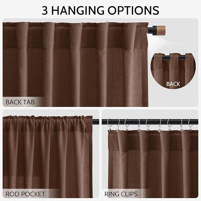 Mocha Brown Linen Curtains 90 Inch Length 2 Panels for Living Room Back Tab Rod Pocket Window Drapes Light Filtering Modern Farmhouse Curtain 90 Inches Long for Dining Room Office 52x90