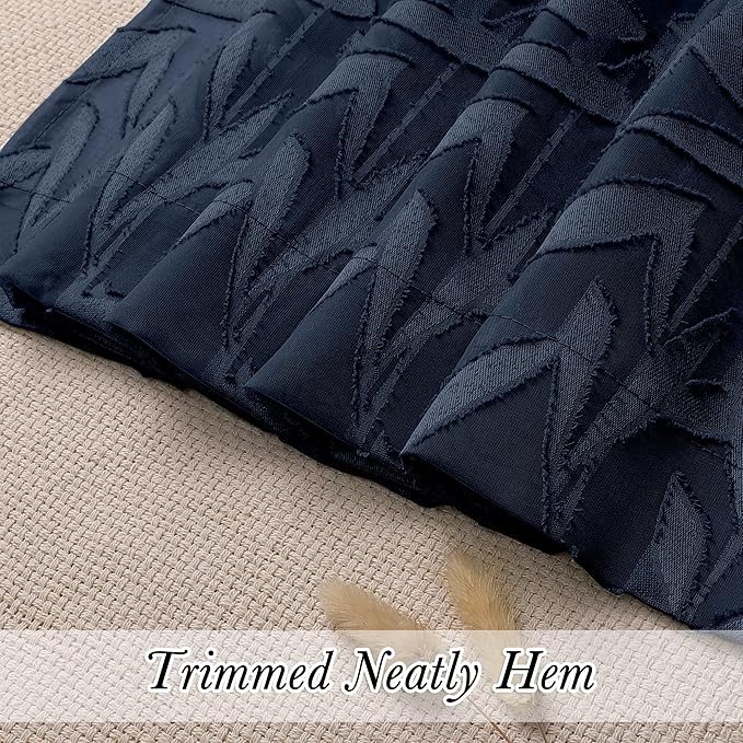 Lecloud Leia Living Room Navy Blue Sheer Curtains 63 Inch Length 2 Panels, Balance Light & Privacy Jacquard Textured Voile Curtain with Dual Rod Pockets, Leaf Farmhouse Bedroom Drapes, 38W x 63L
