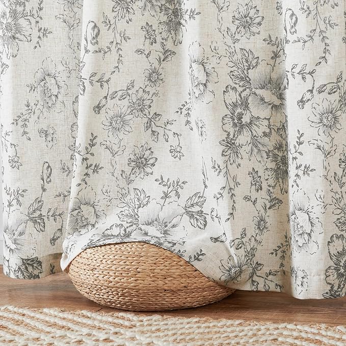 jinchan Linen Blend Curtain Floral Curtains for Living Room 54 Inch Length Grey Printed Curtain Rod Pocket Back Tab Farmhouse Peony Flower Patterned Drapes Bedroom Window Curtains Set 2 Panels