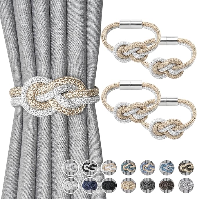 NICEEC 4 Pack Mini Magnetic Curtain Tiebacks Nordic Simple Style Drape Tie Backs Elegant Hand Weave Rope Knot Decorative Curtain Holdbacks for Home & Office Thin Window Drapery (Beige & White)