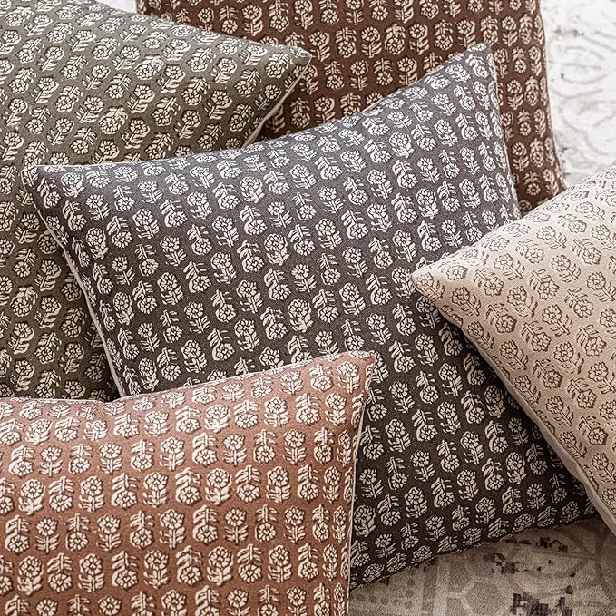 Foindtower Set of 2 Decorative Vintage Floral Print Throw Pillow Covers Neutral Modern Farmhouse Cushion Covers Boho Home Decor for Sofa Couch Chair Bedroom Living Room,18×18 Inch,Rustic Gray