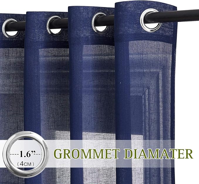 NICETOWN Linen Textured Sheer Curtains 96 inch Long for Living Room, Privacy Chic Sheer Curtains Window Treatment Translucent Drapes for Farmhouse/Cottage, W70 x L96, Dark Blue, 1 Pair