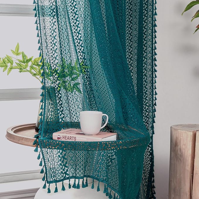 WAZZIO Boho Lace Curtains 72 Inches 2 Panel,Light Filtering Privacy Tassel & Geometry Crochet Semi Sheer Curtain Drapes for Bedroom Living Dining Room,Rod Pocket & Tassel,Coastal Style,Teal