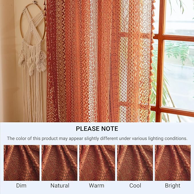 WAZZIO Boho Lace Curtains 102 Inches 2 Panel,Light Filtering Privacy Tassel & Geometry Crochet Semi Sheer Curtain Drapes for Bedroom Living Dining Room,Rod Pocket & Tassel,Full Decor,Burnt Orange