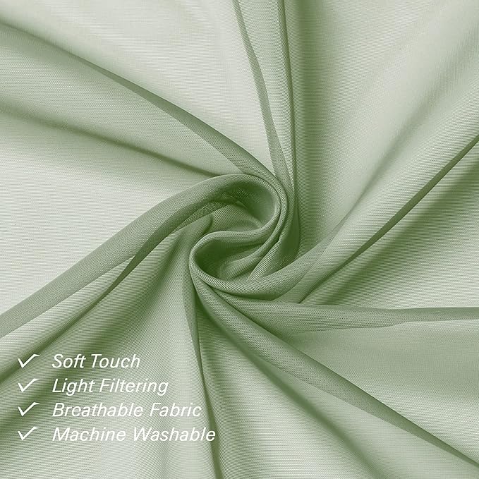 Lecloud Sage Green Sheer Curtains 63 Inch Long 2 Panels, Elegant Voile Drapes for Dinning Small Windows, Light Filtering Voile Curtain for Living Room Bedroom Bathroom, Dual Rod Pocket, 40" Wx63 L