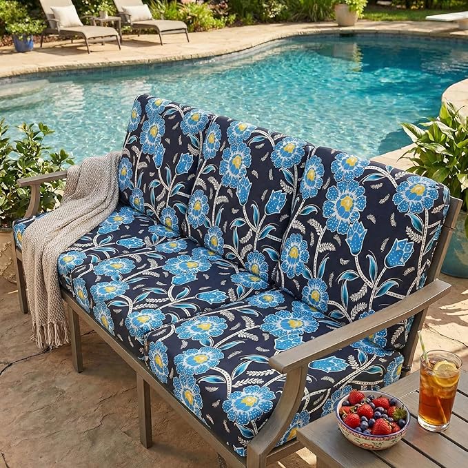 hyha Printed Couch Cushion Covers, Floral Sofa Covers Washable for 2 Cushion Couch, Stretch Pattern Outdoor Cushion Covers for Patio Furniture with Elastic Bottom(2 Packs, Bluebell)