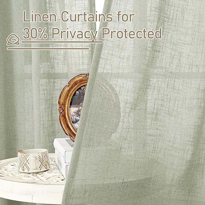 LAMIT Short Linen Curtains 40 Inch Length, Sage Grey Small Window Semi Sheer Drapes Light Filtering Bronze Grommet Neutral Panels for Cafe/Basement, 2 Panels Set, 34 x 40 Inch
