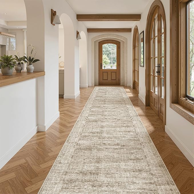 Runner Rug 2'6" x 16' Washable Non-Slip 2.5x16 ft Long Runner Rugs for Kitchen Bathroom Laundry Room Vintage Ultra Thin Runners for Hallway Entryway Brown
