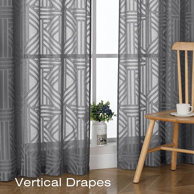 Simplebrand Grey Sheer Curtains 72 Inch Length 2 Panels for Living Room, Light Filtering Geometric Jacquard Clip Textured Rod Pocket Semi Sheer Curtains for Front Back Patio Glass Door，42x72 inch