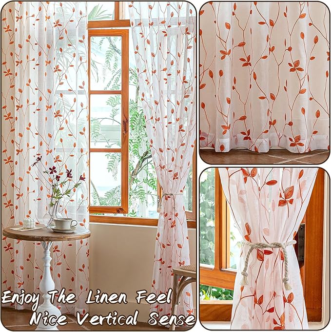 AmHoo 2 Panels Embroidered Leaf Pattern Semi Sheer Curtains Foliage Floral Voile Window Draperies Treatment for Bedroom Living Room Rod Pocket White Burnt Orange 53 x 84 Inch