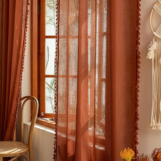 MYSKY HOME Boho Country Room Decor Long Curtains for Living Room,Light Filtering Privacy Protect Semi Sheer Macrame Curtains for Sliding Glass Patio Doorways, 50" x 90", Terracotta, 2 Panels