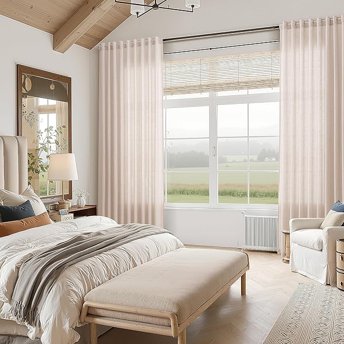 Nanspring Natural White Linen Curtains 120 Inches Long for Living Room Textured Neutral Farmhouse Privacy Sheer Curtains Back Tab Floor to Ceiling Curtain for Bedroom Office 52x120, 2 Panels