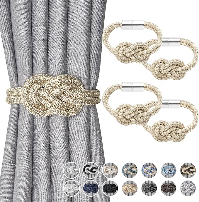 NICEEC 4 Pack Mini Magnetic Curtain Tiebacks Nordic Simple Style Drape Tie Backs Elegant Hand Weave Rope Knot Decorative Curtain Holdbacks for Home & Office Thin Window Drapery (Beige)