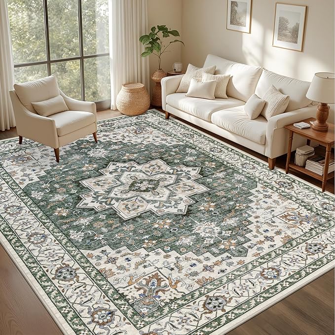 8x10 Area Rugs for Living Room: Washable Rug Soft Vintage Boho Medallion Carpet Indoor Non-Slip Stain Resistant Large Carpets for Bedroom Dining Room Farmhouse Nursery Home Office Green Ivory
