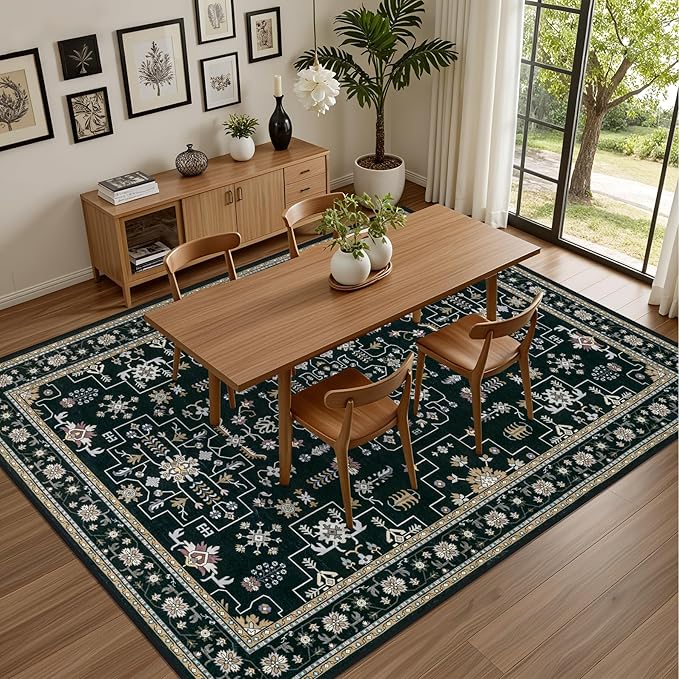 6x9 Area Rugs Living Room Rug: Washable Vintage Boho Medallion Rug No Slip Stain Resistant Soft Carpet Indoor Floor Large Carpets for Bedroom Dining Room Farmhouse Nursery Hallway Home Office Black