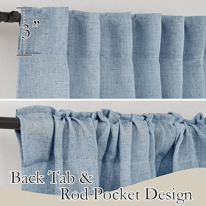 RYB HOME Privacy Sheer Curtains for Bedroom, Linen Blend Lightweight Breathable Burlap Curtains Back Tab Farmhouse Boho Rustic Decoration, Length 36 by Width 52 inch, Dusty Blue, 1 Pair