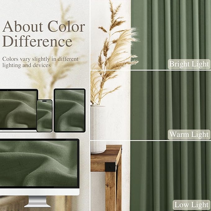 Nanspring 70 Inches Wide Olive Green Linen Curtains for Living Room 2 Panels Set 84 Inch Length Back Tab Light Filtering and Breathability Semi Sheer Curtain for Bedroom 70x84