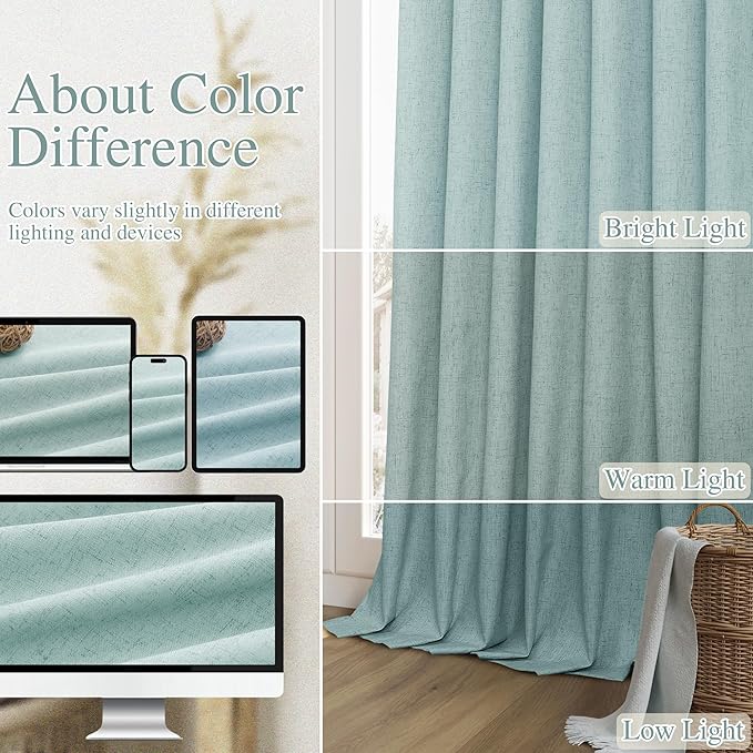 Guken Light Blue 100% Blackout Linen Curtains 108 Inch Length 2 Panels Set for Living Room Bedroom Back Tab/Rod Pocket Thermal Insulated Black Out Drapes Room Darkening Farmhouse Window Curtains