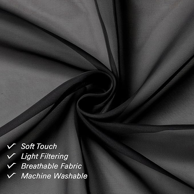 Lecloud Black Sheer Valances for Windows 18 Inch Length 2 Pcs, Cafe Kitchen Curtains for Bedroom Living Room, Short Curtains for Small Windows with Dual Rod Pocket Home Decor, 42" W x 18" L