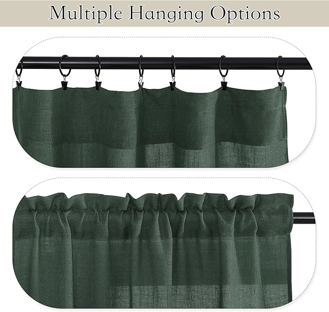 RYB HOME Semi Sheer Valances - Linen Textured Sheer Curtains Small Window Tiers Farmhouse Decor for Kitchen Bathroom Cafe Bedroom, Olive Green, Wide 52 x Long 18 inch, 2 Panels