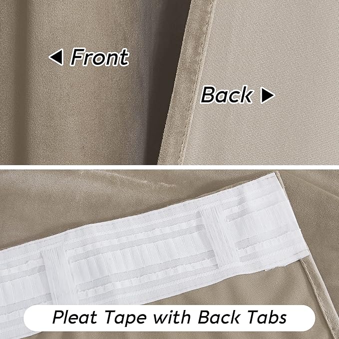 RYB HOME Camel Beige Velvet Curtains 102 inches with Hook Belt, Soft Fabric Room Darkening Thermal Insulated Luxurious Home Decor Curtains for Living Room Bedroom, W 52" x L 102", 2 Panels Set