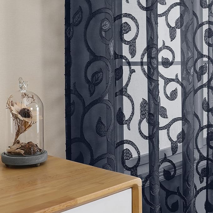 OWENIE Furman Sheer Curtains 63 inch Length for Bedroom Living Room 2 Panels Set, Light Filtering Solid Curtains & Drapes with Geometric Jacquard Clip, Soft Airy Rod Pocket Voile Curtain, 40Wx63L inch