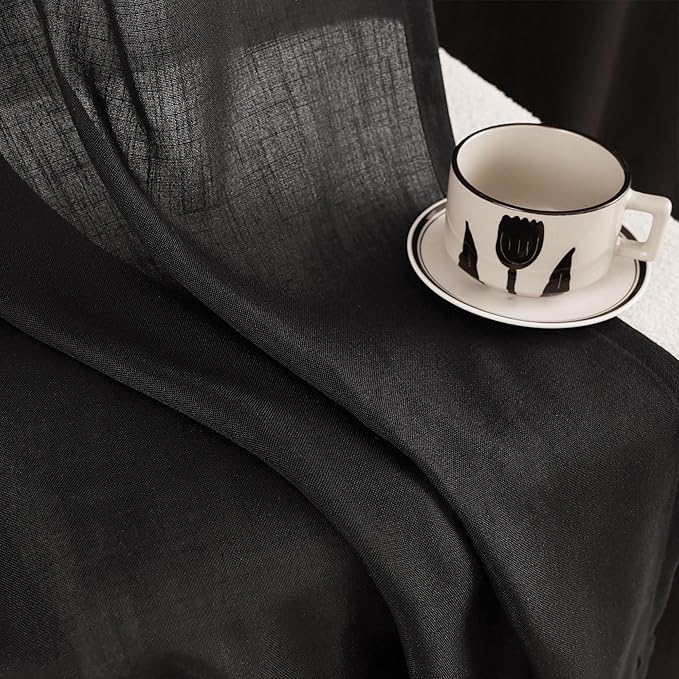 Black Linen Curtains 132 inches Long for Bedroom Back Tab Light Filtering Privacy Semi Sheer Black Curtains Living Room Boho Rustic Farmhouse Cotton Textured Gauze Curtain 2 Panel Set