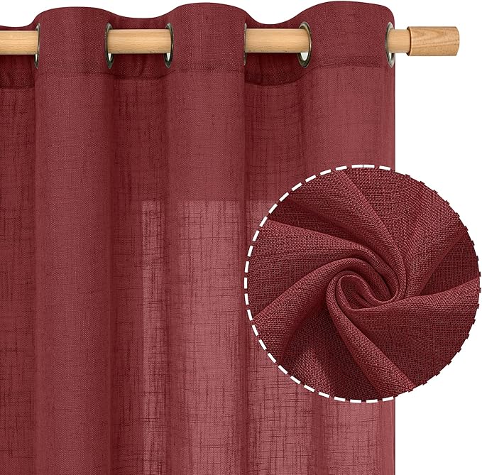 LAMIT 95 inch Linen Curtains for Living Room, Burgundy Red Bronze Grommet Christmas Panels Light Filtering Semi Sheer Drapes for Bedroom/Dining Hall, 2 Panels Set, 52 x 95 Inch