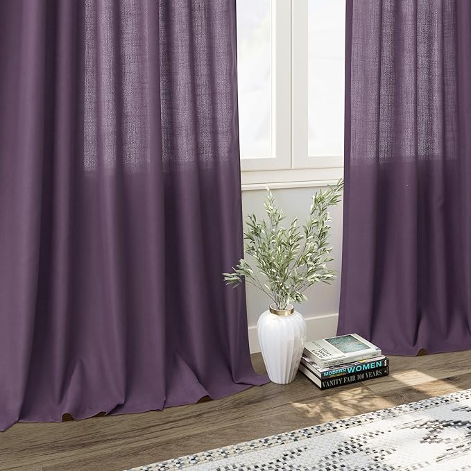Plum Linen Curtains 102 Inches Long Rod Pocket Back Tab Drapes 2 Panels Set for Living Room Sheer Light Filtering Semi Sheer Plum Curtain 102 Length for Patio Sliding Glass Door 52x102