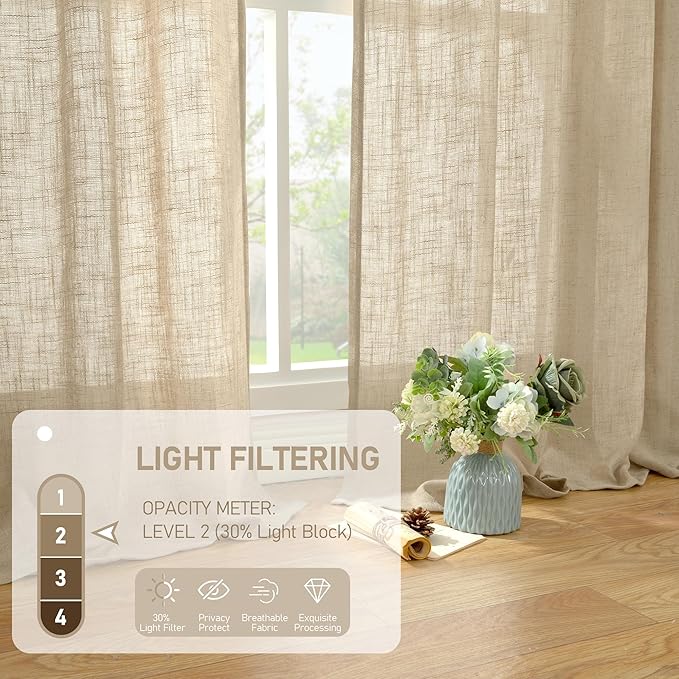 LAMIT Living Room Linen Curtains 95 Inch for Bedroom, Back Tab and Rod Pocket Linen Textured Sheer Curtains Light Filtering Burlap Drapes for Farmhouse, 2 Panels, 52 x 95 Inch, Brown