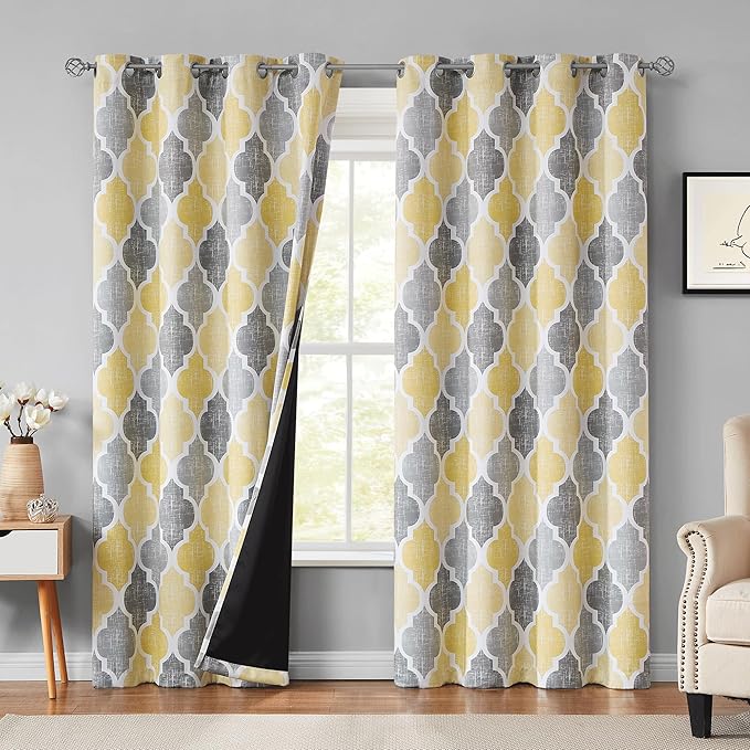 Beauoop 100% Blackout Curtains 108 Inches Long 2 Panels for Bedroom Living Room Yellow Grey Moroccan Geo Room Darkening Thermal Insulated Soundproof Grommet Top Window Treatments Drapes, 50x108x2