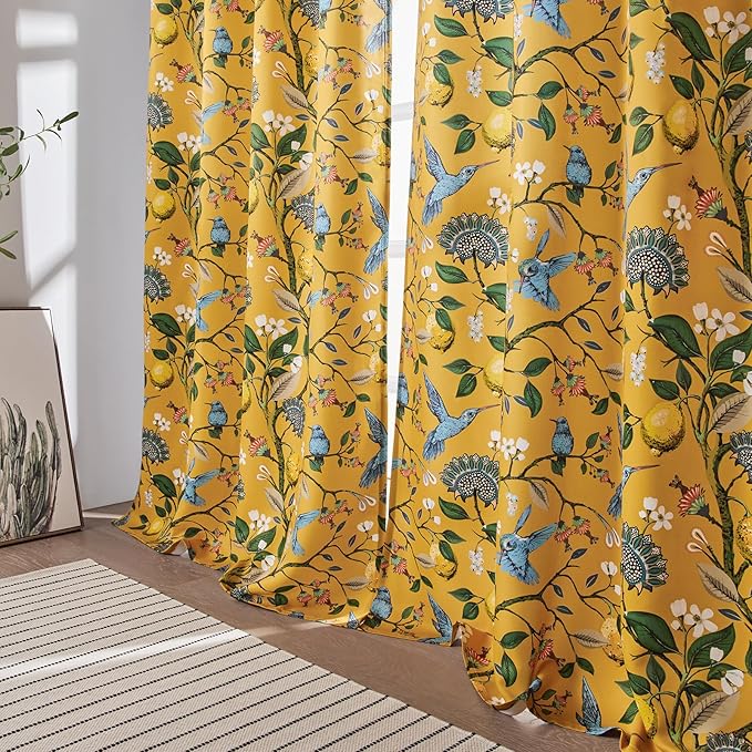 Extra Long 108 Inches Curtains for Large Window Luxury Mustard Yellow Floor To Ceiling Blackout Vintage Floral Hummingbird Fancy Grommet Drop Cloth Damask Drape for Living Room Dining 2 Pages 9FT