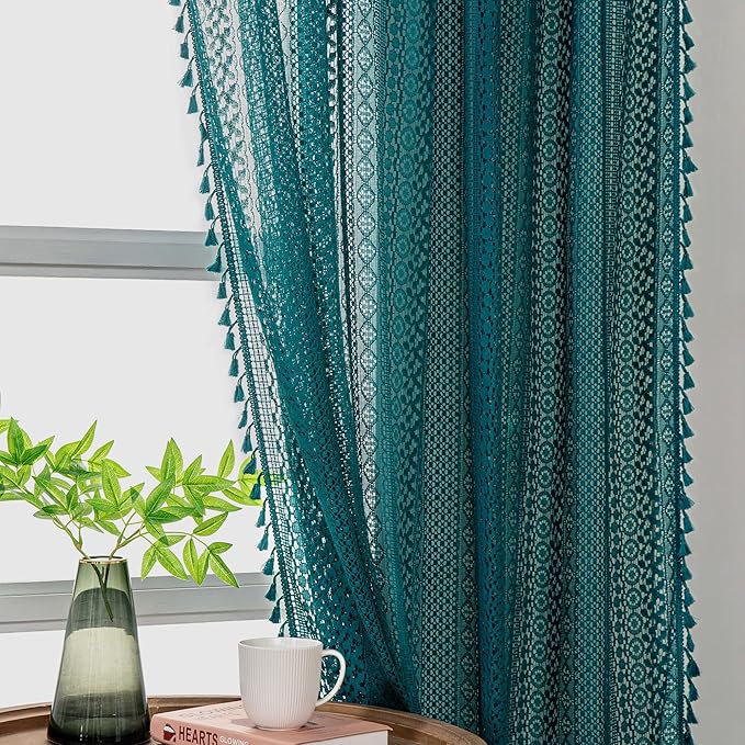 WAZZIO Boho Lace Curtains 72 Inches 2 Panel,Light Filtering Privacy Tassel & Geometry Crochet Semi Sheer Curtain Drapes for Bedroom Living Dining Room,Rod Pocket & Tassel,Coastal Style,Teal