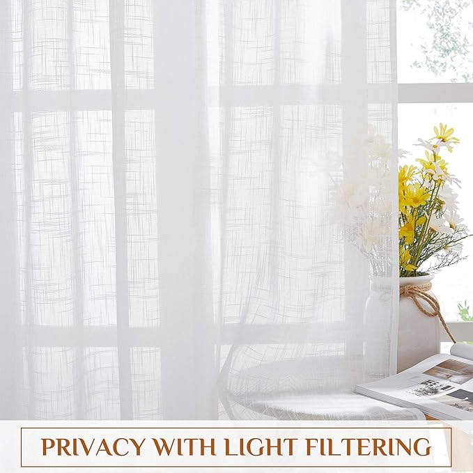 NICETOWN White Semi Sheer Linen Kitchen Curtains 36 inch Length, Rod Pocket & Back Tab Linen Weave Window Treatments Vertical Drapes Privacy with Light Through for Cafe, W29 x L36, 2 Panels