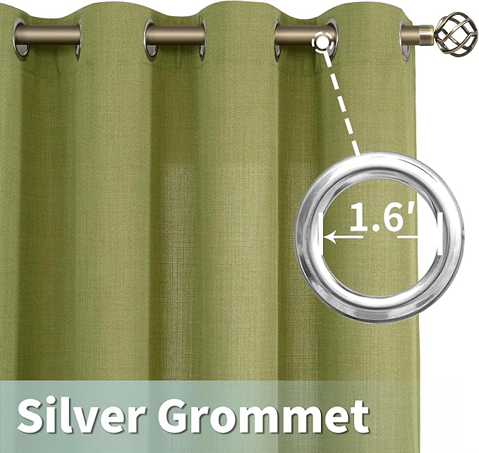 LAMIT Natural Faux Linen Curtains for Bedroom, Light Filtering Panels, Grommet Privacy Protected Linen Curtains for Small Window/Kids' Room, 2 Panels (52 x 102 Inch, Moss Green)