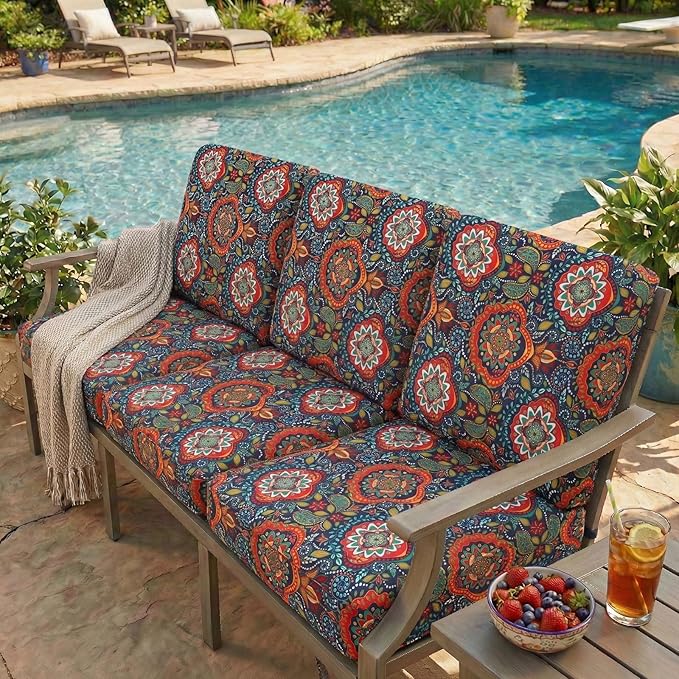 hyha Printed Couch Cushion Covers, Floral Sofa Covers Washable for 3 Cushion Couch, Stretch Pattern Outdoor Cushion Covers for Patio Furniture with Elastic Bottom(3 Packs, Mandala Floral)