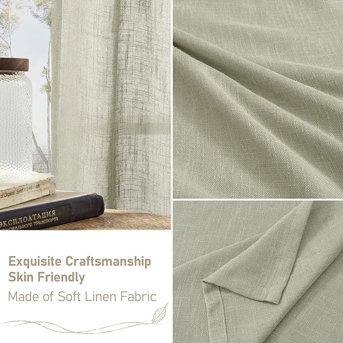 LAMIT Linen Curtains for Living Room, Sage Grey 90 Inch Length Bronze Grommet Linen Textured Farmhouse Curtains Light Filtering Drapes for Bedroom/Dining Room, Set of 2, 52 x 90 Inch