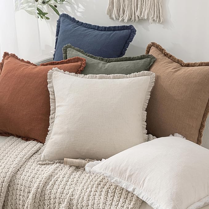 MIULEE Decorative Throw Pillow Covers Neutral Linen Fringe Throw Pillows Set of 2 Light Olive Green Boho Farmhouse Cushion Covers for Couch Sofa Bed Living Room Spring Home Decor 20x20 Inch