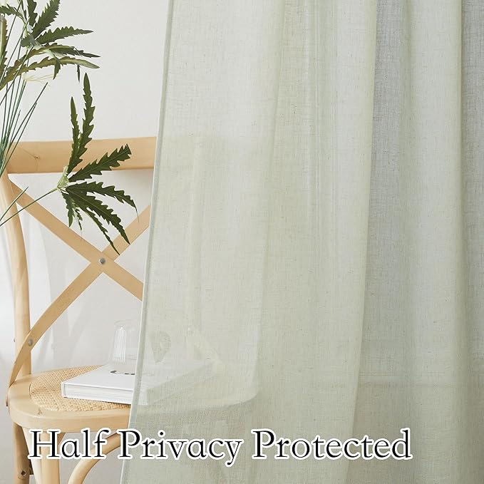 RYB HOME Linen Curtains 63 inch Length - Premium Flax Linen Material Soft Semi Sheer Half Privacy Protected for Livingroom, Bedroom, Farmhouse, W 52 x L 63 inch, 2 Panels, Sage Green