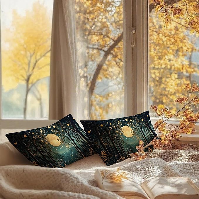 Rustic William Morris Inspired Night Moon Forest Decor Pillow Covers 18x18 Set of 2,Vintage Black and Gold Nature Landscape Botanical Decorative Throw Pillow Covers for Home Bedroom Living Room