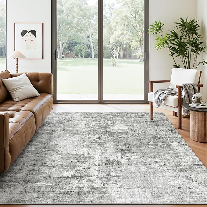 Abstract Rug 5x7 Machine Washable Area Indoor Grey White Low Pile Non-Slip Foldable Thin Accent Rugs for Bedroom Living Room Dining Room
