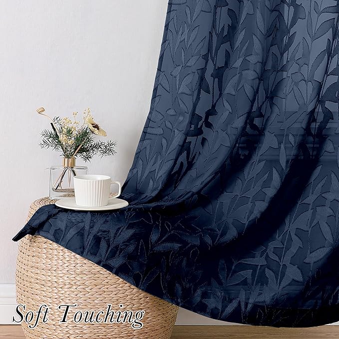 Lecloud Leia Living Room Navy Blue Sheer Curtains 63 Inch Length 2 Panels, Balance Light & Privacy Jacquard Textured Voile Curtain with Dual Rod Pockets, Leaf Farmhouse Bedroom Drapes, 38W x 63L