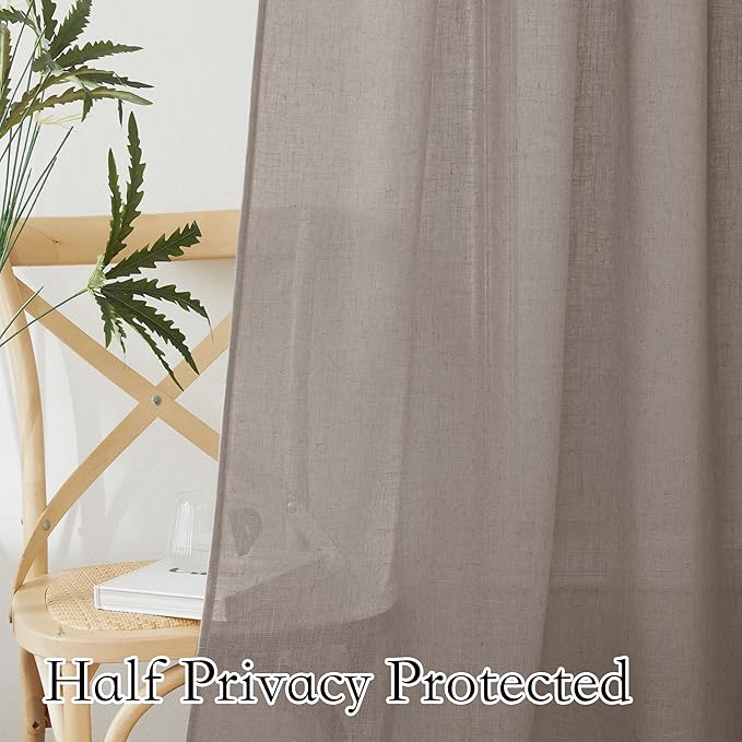 RYB HOME Linen Curtains for Bedroom - Light Airy Semi Sheer Curtains Large Window Decor for Living Room Sun Room Sliding Glass Door, Birch Brown, 52 inch Wide x 102 inch Long, 1 Pair