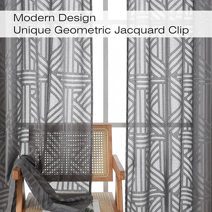 Simplebrand Grey Sheer Curtains 72 Inch Length 2 Panels for Living Room, Light Filtering Geometric Jacquard Clip Textured Rod Pocket Semi Sheer Curtains for Front Back Patio Glass Door，42x72 inch