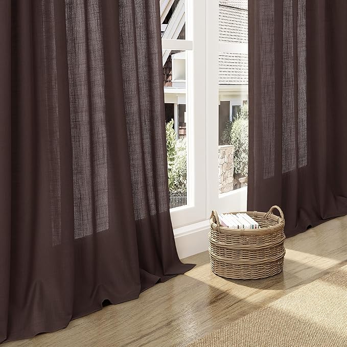 Nanspring Coffee Linen Semi Sheer Curtains 108 Inches Long 2 Panels Set Back Tab Loop Pocket Boho Large Window Curtain Extra Long Light Filtering Drapes High Ceiling Curtains for Living Room 52x108