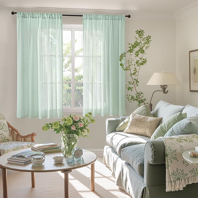 BGment Light Green Linen Semi Sheer Curtains 45 Inch Length - Short Drapes Lightweight Boho Rustic for Living Room Spring Decor with Rod Pocket, 2 Panels Set, 42 X 45 Inch