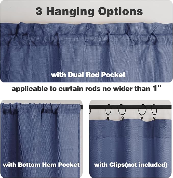 Chyhomenyc Blue Short Curtain Valance for Windows, Faux Linen Textured Half Window Curtains, Burlap Solid Topper Small Curtain Valance for Bathroom Laundry Basement, 60Wx18L Inch, 1 Piece